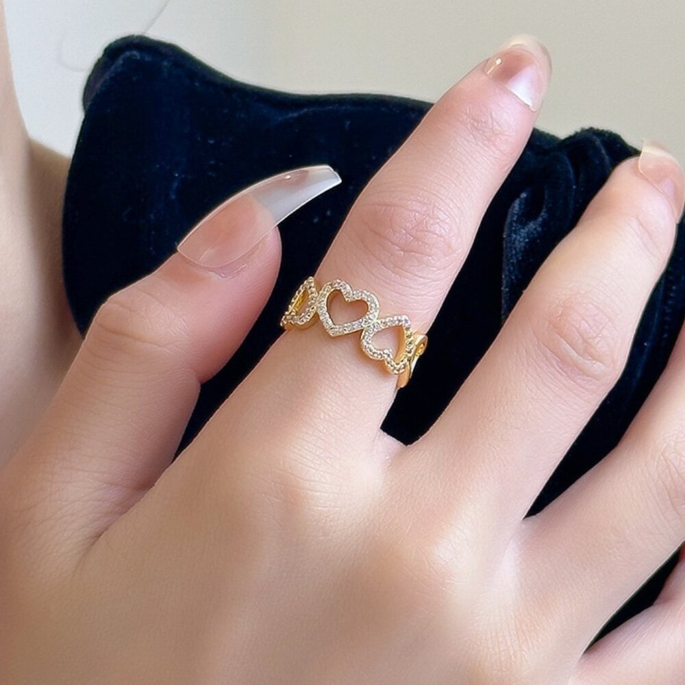 3/$35 Dainty Gold Hearts Shape Open Ring Cubic Zirconia CZ Diamond Jewelry